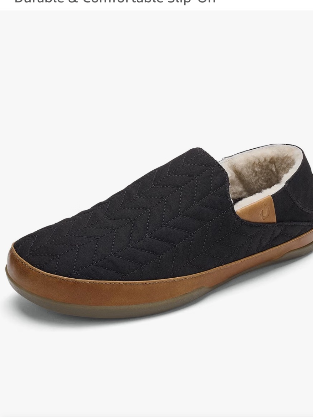 OluKai Quilted Slip-On Loafer in Black with Brown Trim